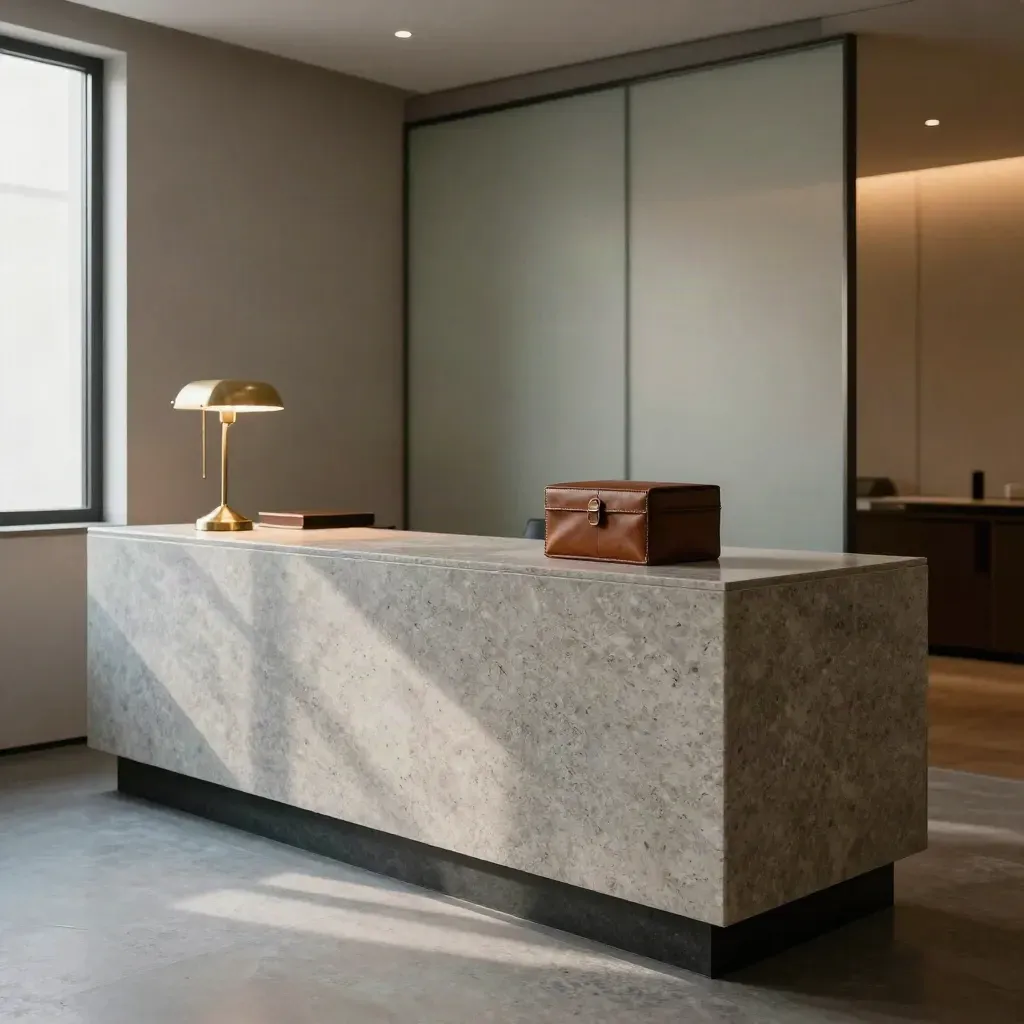 Interno di studio legale boutique con travertino, ottone e vetro satinato, vuoto e pronto per il primo cliente.