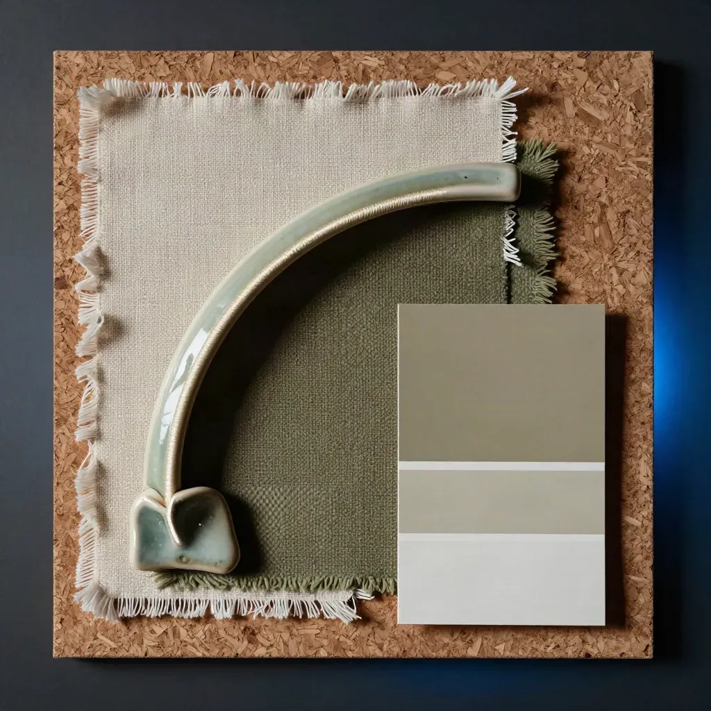 Primo piano di campioni tessili, ceramica e carte colore su bacheca, luce radente, tono editoriale.