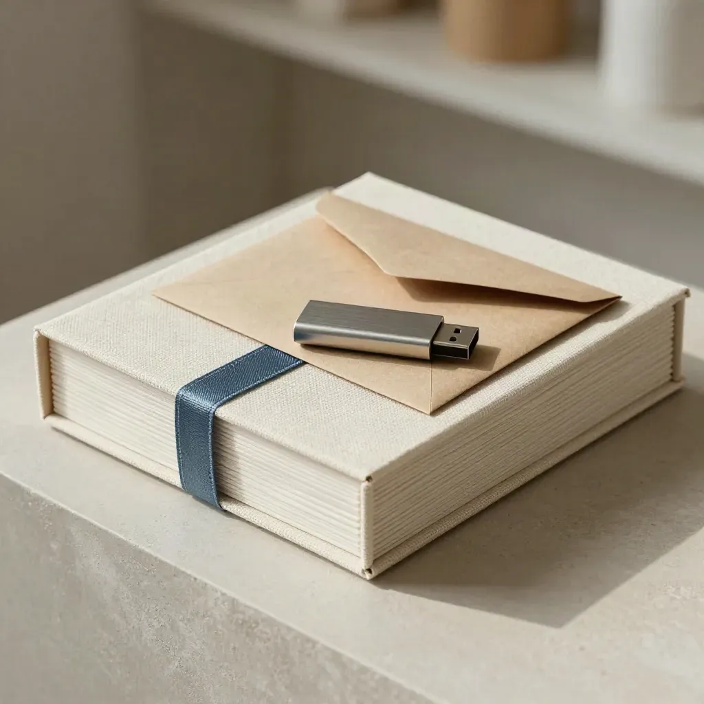 Kit di consegna elegante con portfolio in lino, scatola rigida, busta sigillata e USB metallico.